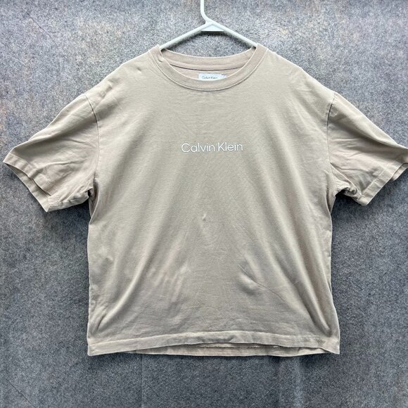 Calvin Klein Shirt Mens Large Beige Crewneck Relaxed Fit Spell Out Logo Tan - Picture 1 of 11